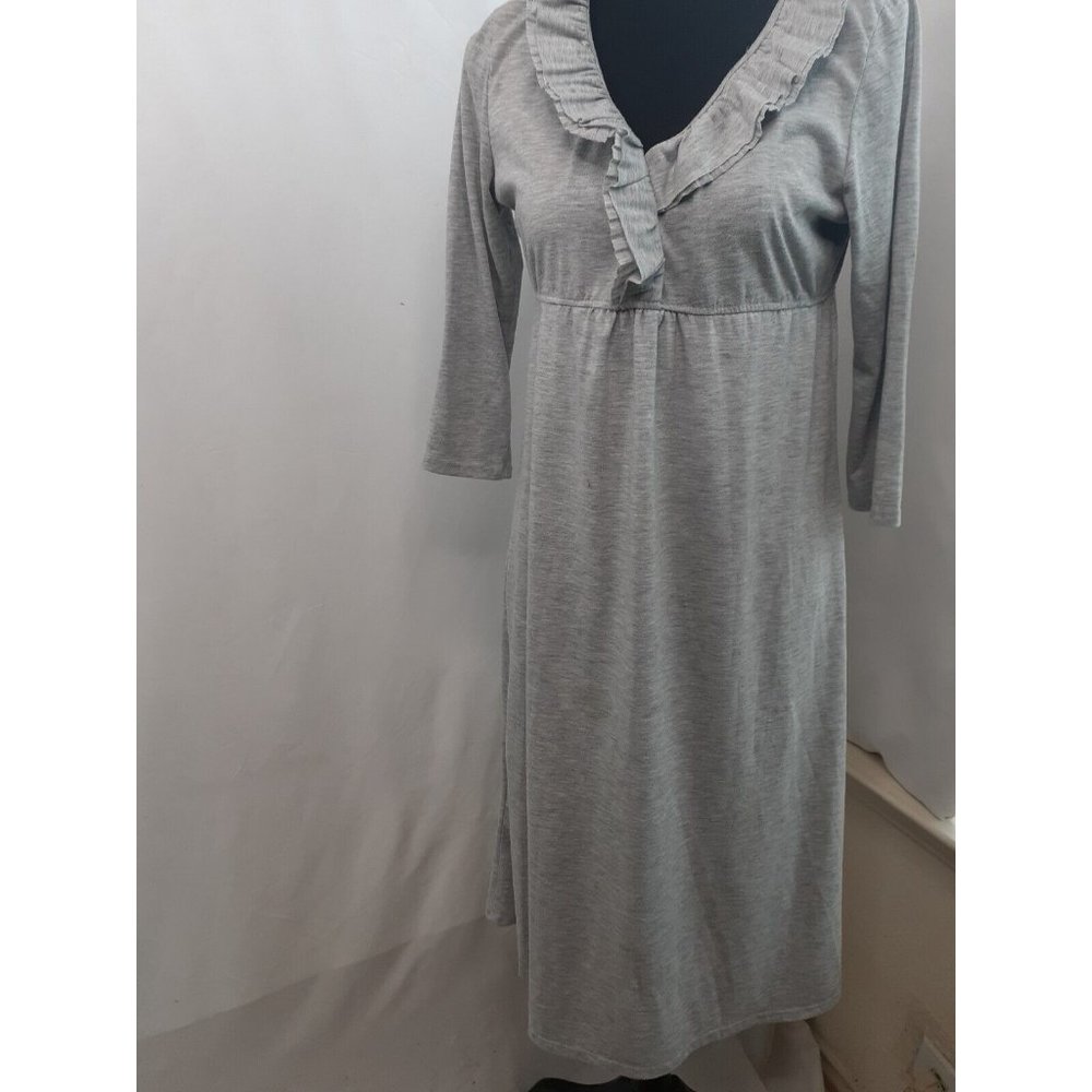 Ellen Tracy Women Gray Ruffle Neck Dress Size  S Elastic Waist Midi 3/4 Sleeves